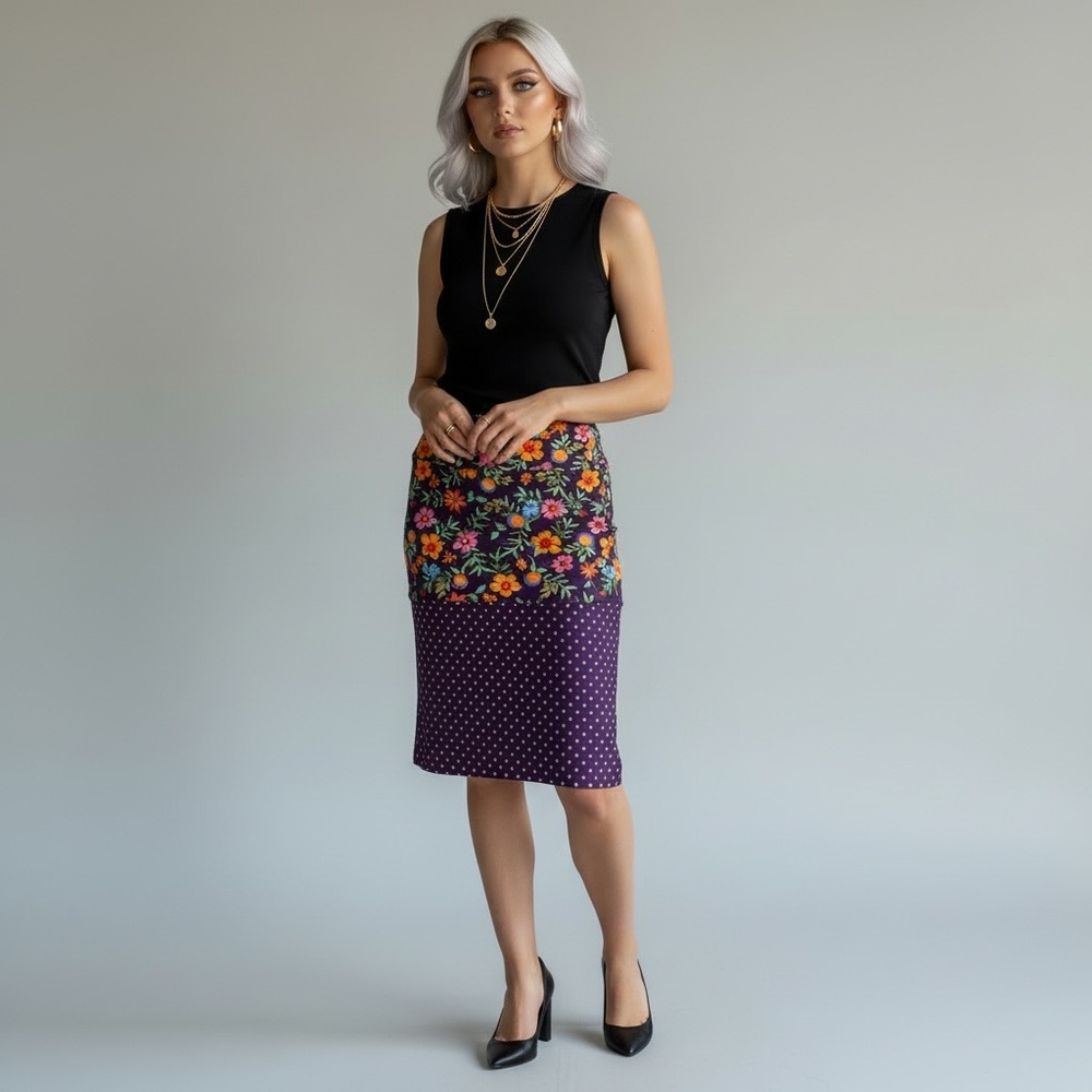LuLaRoe Colorful Floral Polka Dot Mixed Print Stretch Pull On Pencil Skirt